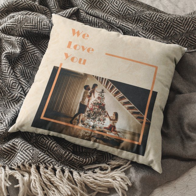 Elegant Floral Custom Family Photo Text Orange Throw Pillow (Creator Uploaded)