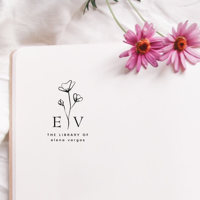 Elegant Floral Custom Name Initials Library Book Rubber Stamp (Creator Uploaded)