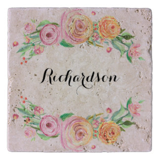 Elegant Floral Custom Name Monogram Trivet