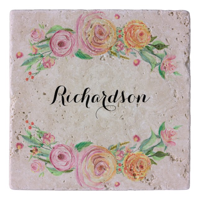 Elegant Floral Custom Name Monogram Trivet (Front)