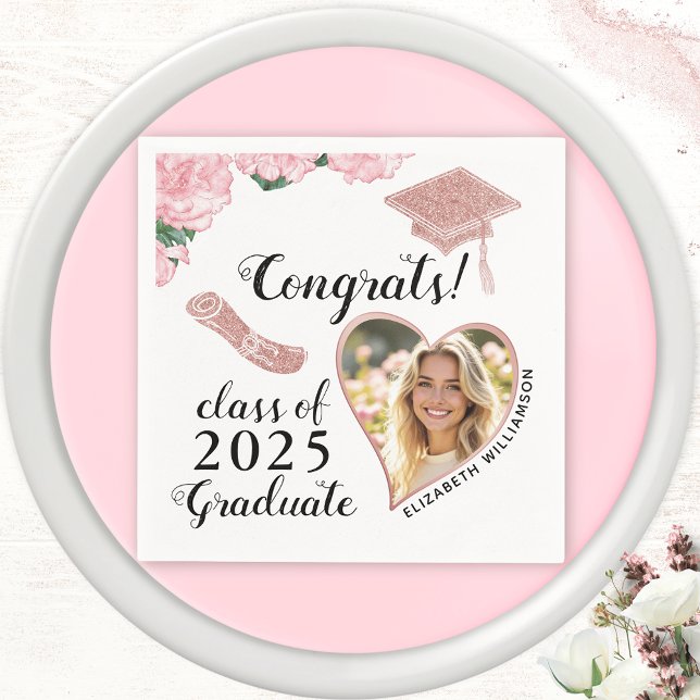 Elegant Floral Custom Photo Class 2025 Graduation Napkins (Creator Uploaded)