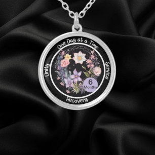 Elegant Floral Custom Sobriety Anniversary Gift Silver Plated Necklace