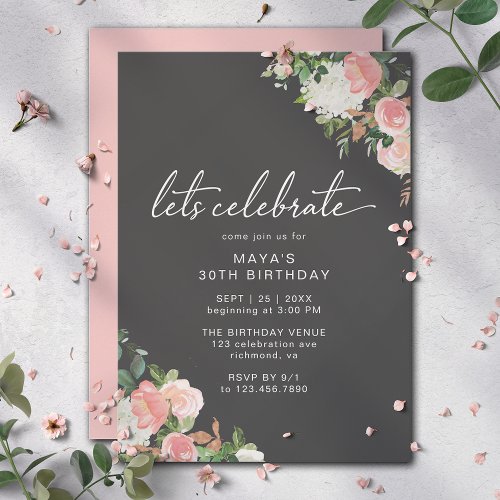 Elegant Floral Cute Girly Black and Pink Birthday Invitation