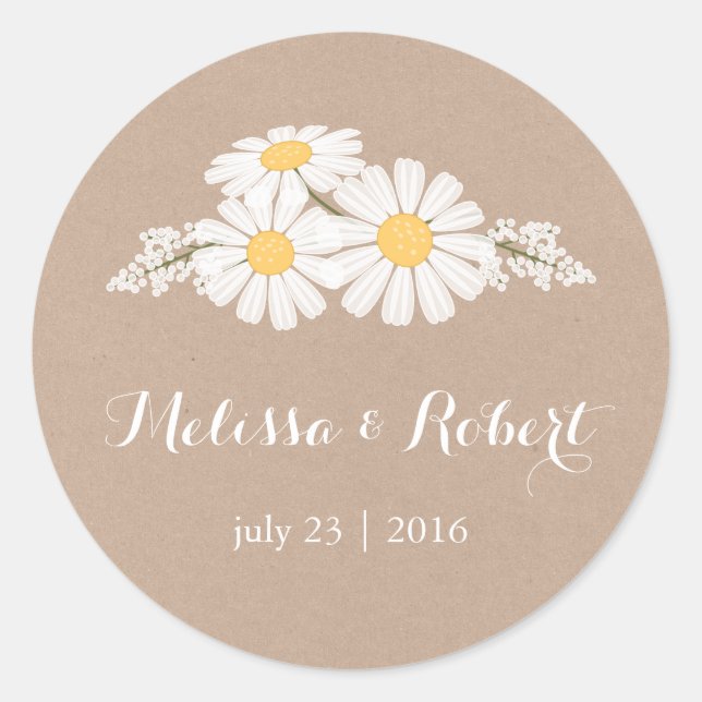 Elegant Floral Daisies Bouquet Beige Wedding Classic Round Sticker (Front)