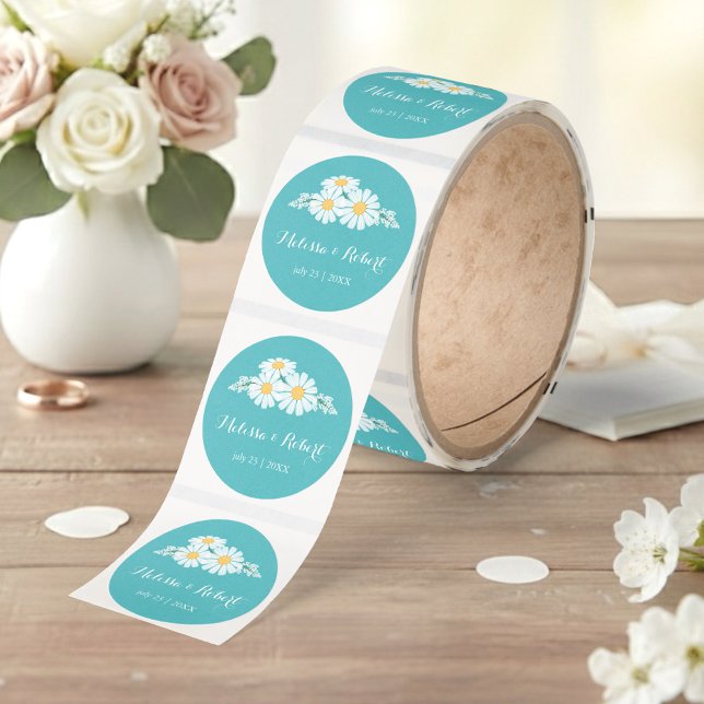 Elegant Floral Daisies Bouquet Teal Wedding Classic Round Sticker (Creator Uploaded)