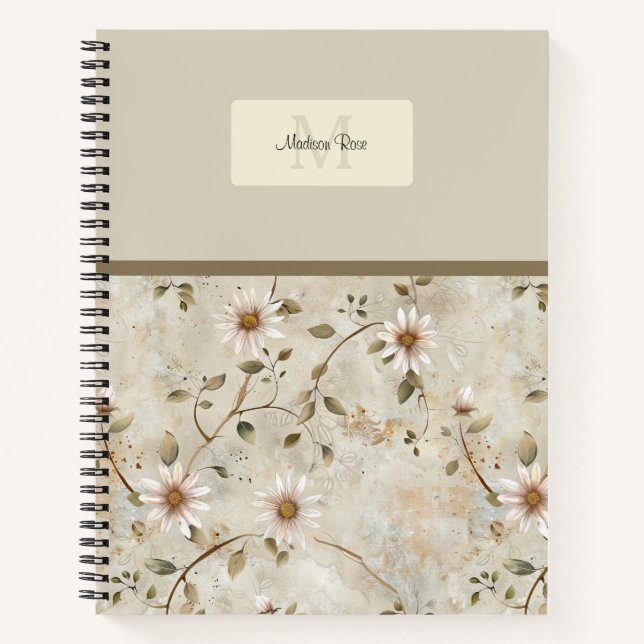 Elegant Floral Daisy Pattern Monogram  Notebook (Front)