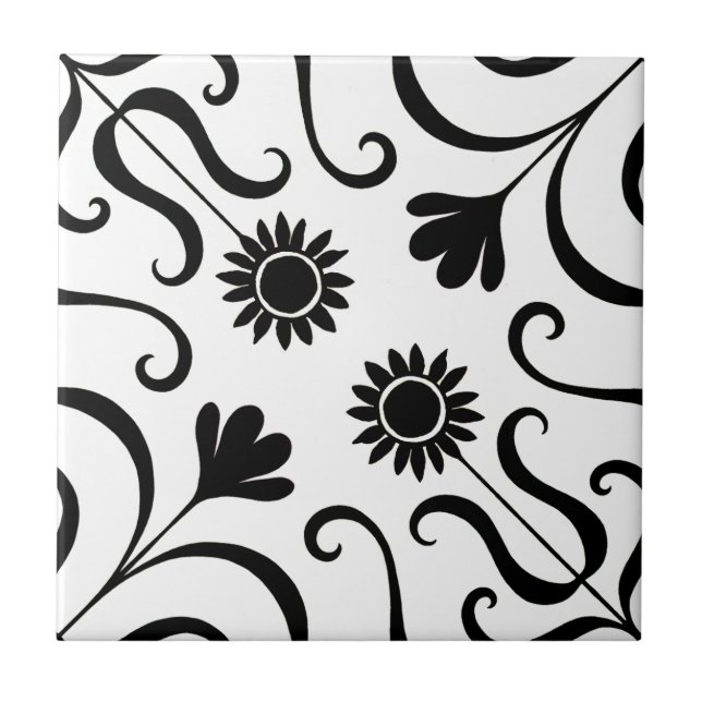    Elegant Floral Damask Black and White Sunflower Ceramic Tile (Front)