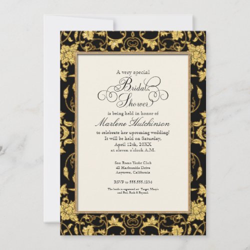 Elegant Floral Damask Gold Glitter Classic Wedding Invitation