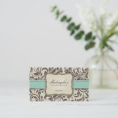 Elegant Floral Damask Modern Brown, Green & Beige Business Card (Standing Front)