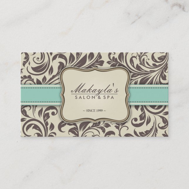 Elegant Floral Damask Modern Brown, Green & Beige Business Card (Front)