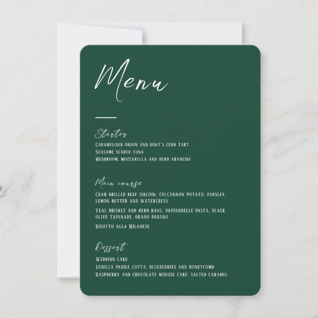 Elegant floral dark green Wedding Menu card (Front)