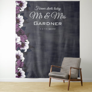 Elegant Floral Dark Purple Wedding Photo Backdrop