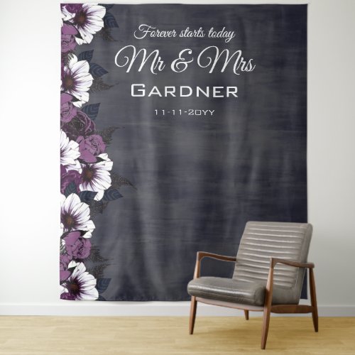 Elegant Floral Dark Purple Wedding Photo Backdrop 