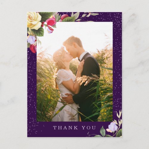 Elegant Floral Dark Purple Wedding Photo Thank You Postcard
