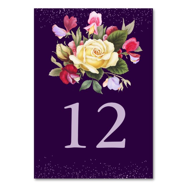 Elegant Floral Dark Purple Yellow Rose Wedding Table Number (Front)