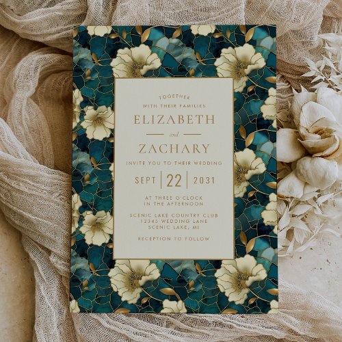 Elegant Floral Dark Teal Cream Gold Wedding Invitation