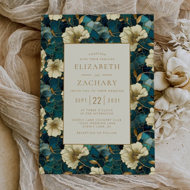 Elegant Floral Dark Teal Cream Gold Wedding Invitation (Creator Uploaded)