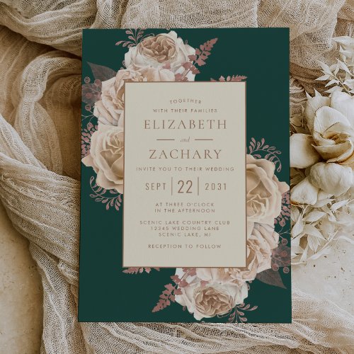 Elegant Floral Dark Teal Rose Gold Ivory Wedding Invitation