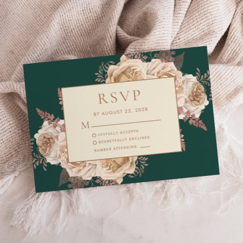 Elegant Floral Dark Teal Rose Gold Ivory Wedding RSVP Card