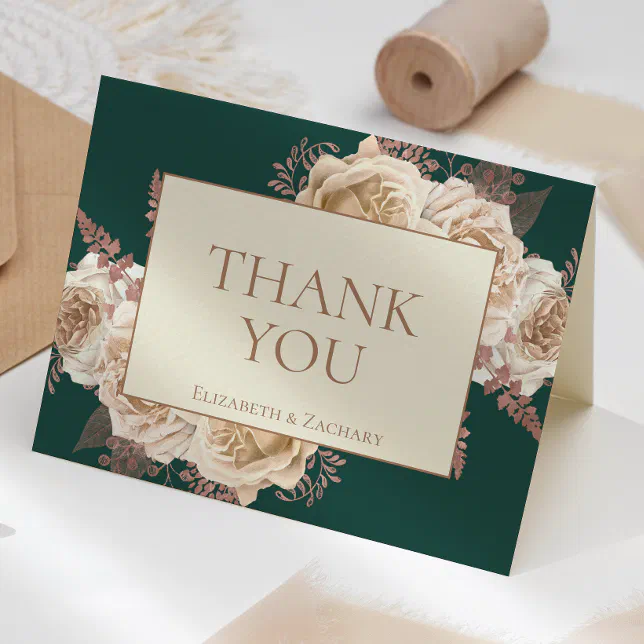 Elegant Floral Dark Teal Rose Gold Ivory Wedding Thank You Card | Zazzle