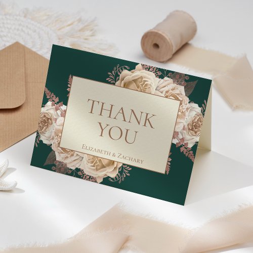 Elegant Floral Dark Teal Rose Gold Ivory Wedding Thank You Card