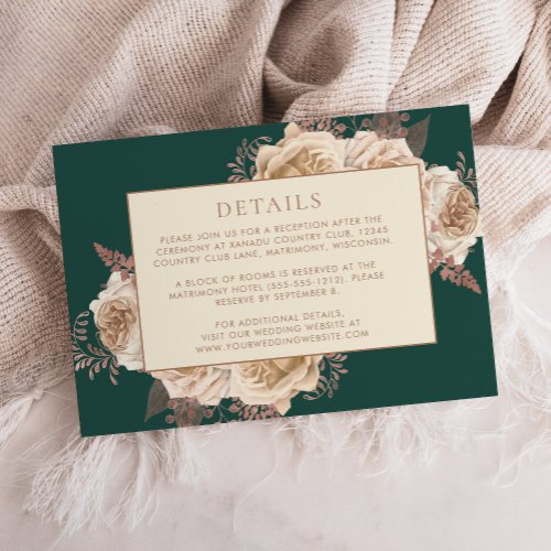 Elegant Floral Dark Teal Rose Gold Wedding Details Enclosure Card