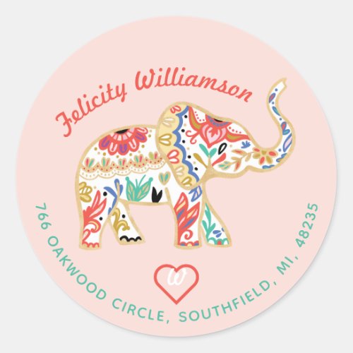 Elegant Floral Decorative Ornate Elephant Address Classic Round Sticker