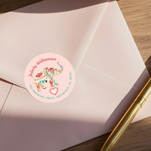 Elegant Floral Decorative Ornate Elephant Address Classic Round Sticker (Elegant Floral Decorative Ornate Elephant Address Classic Round Sticker)