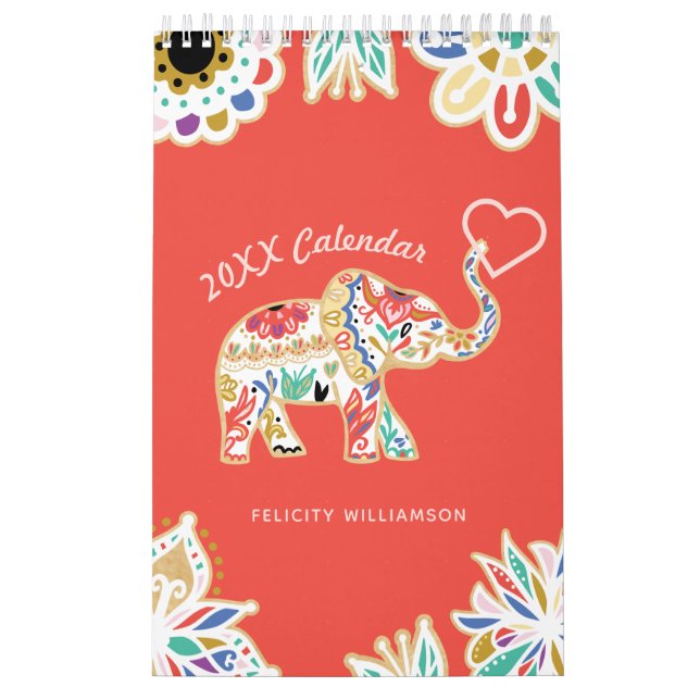 Elegant Floral Decorative Ornate Elephant Pattern Calendar (Cover)