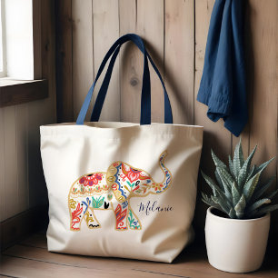 Elegant Floral Decorative Ornate Elephant Pattern Tote Bag