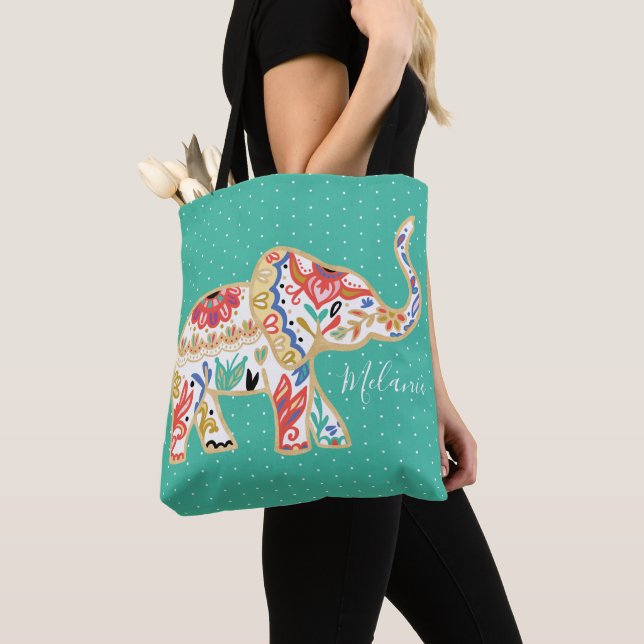 Elegant Floral Decorative Ornate Elephant Pattern Tote Bag (Close Up)