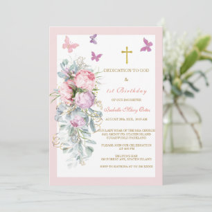 Elegant Floral Dedication and 1st Birthday Invitation