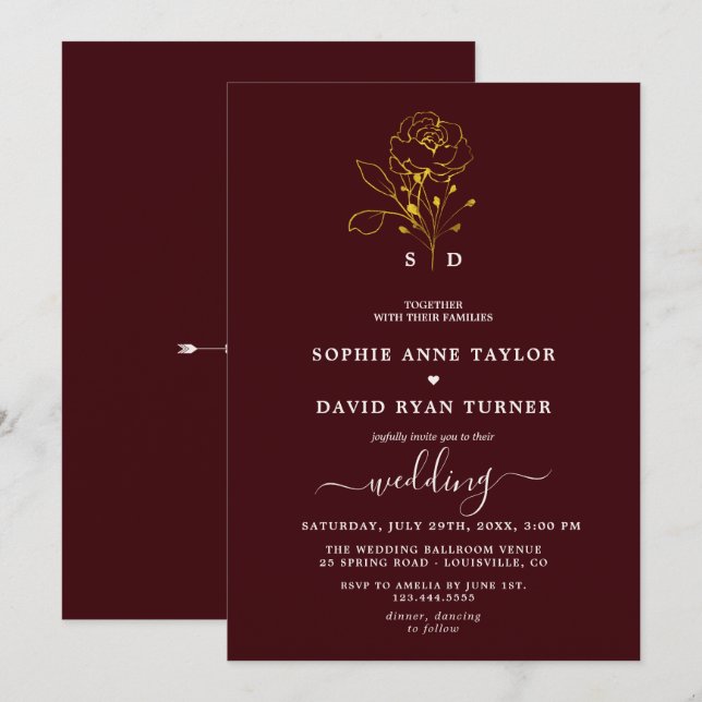 Elegant Floral Deep Burgundy Gold Monogram Wedding Invitation (Front/Back)