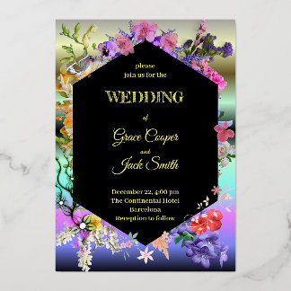 Elegant floral design/ geometric border foil invitation
