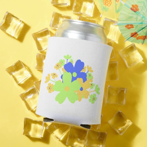 Elegant Floral Design in Blue Green Yellow Can Cooler