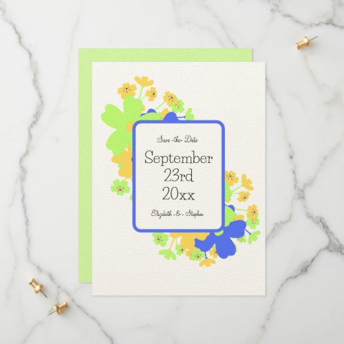 Elegant floral design in blue green yellow save the date