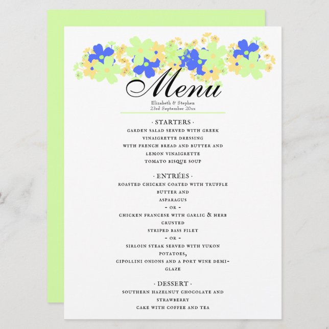 Elegant floral design in green yellow blue menu (Front/Back)