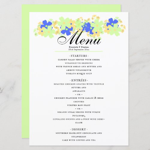 Elegant floral design in green yellow blue menu