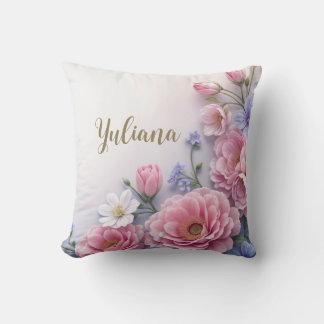 Elegant Floral Design in Pink Blue White Bloom Throw Pillow