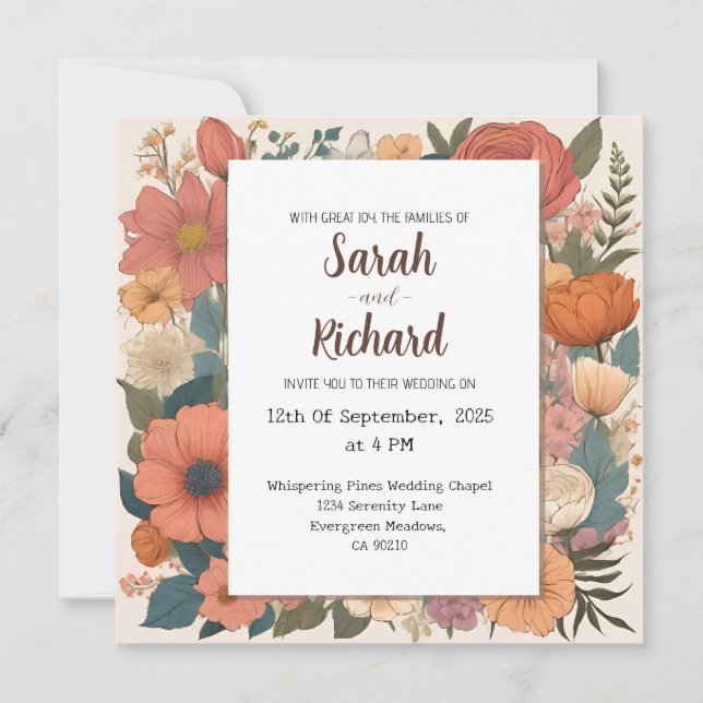 Elegant Floral Design, Soft Coral & Sage Accents Invitation (Front)