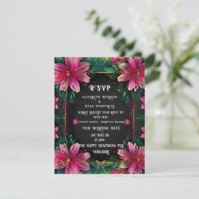 Elegant floral design with vibrant colors RSVP card (Standing Front)