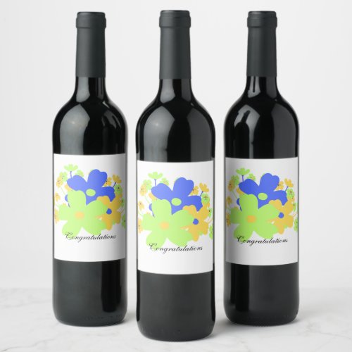 Elegant floral design yellow blue green  wine label