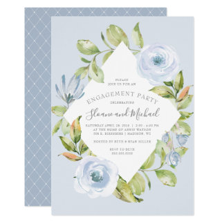 Elegant Floral Diamond Dusty Blue Engagement Party Invitation