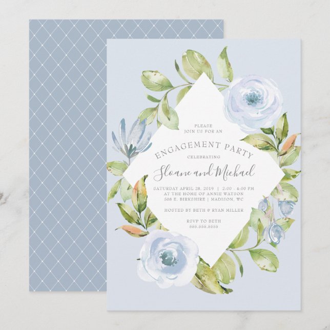 Elegant Floral Diamond Dusty Blue Engagement Party Invitation (Front/Back)