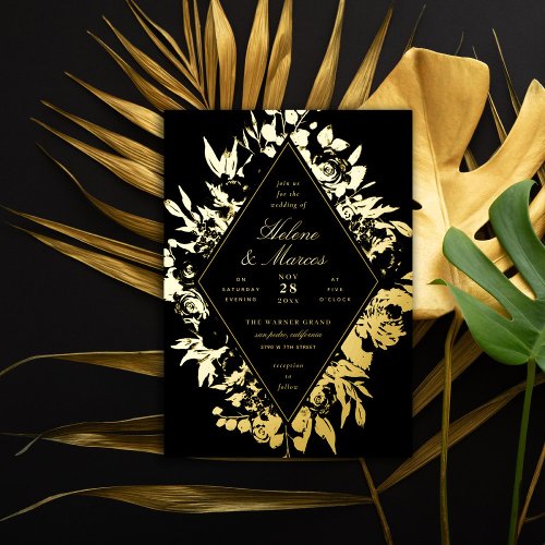 Elegant Floral Diamond Wedding Black Gold Foil Invitation