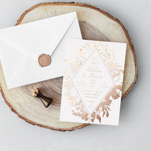 Elegant Floral Diamond Wedding Rose Gold Foil Invitation