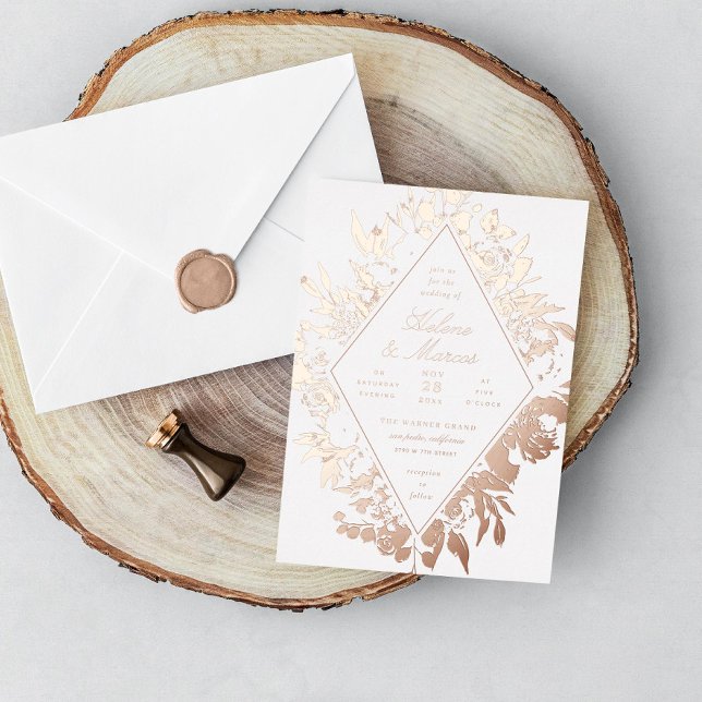 Elegant Floral Diamond Wedding Rose Gold Foil Invitation (Creator Uploaded)