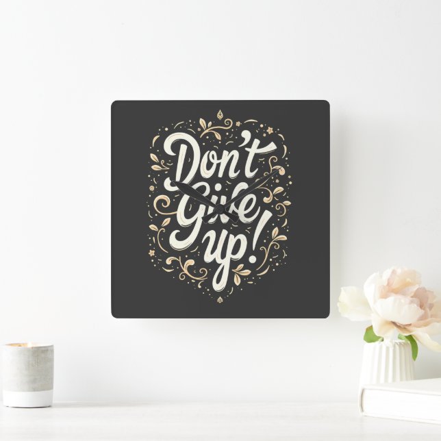 Elegant Floral "Don't Give Up!" Motivational Square Wall Clock (Home)