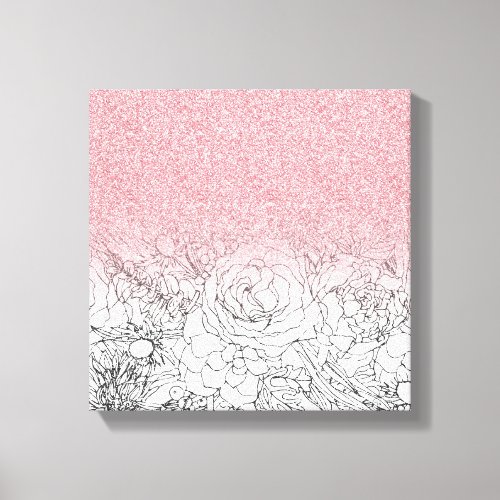 Elegant Floral Doodles Pink Gradient Glitter Image Canvas Print