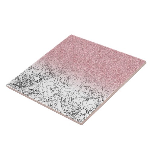 Elegant Floral Doodles Pink Gradient Glitter Image Ceramic Tile